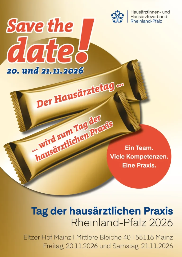 Save the date: Tag der hausärztlichen Praxis Rheinland-Pfalz 2026 am 20. und 21. November 2026 — Ein Team. Viele Kompetenzen. Eine Praxis.